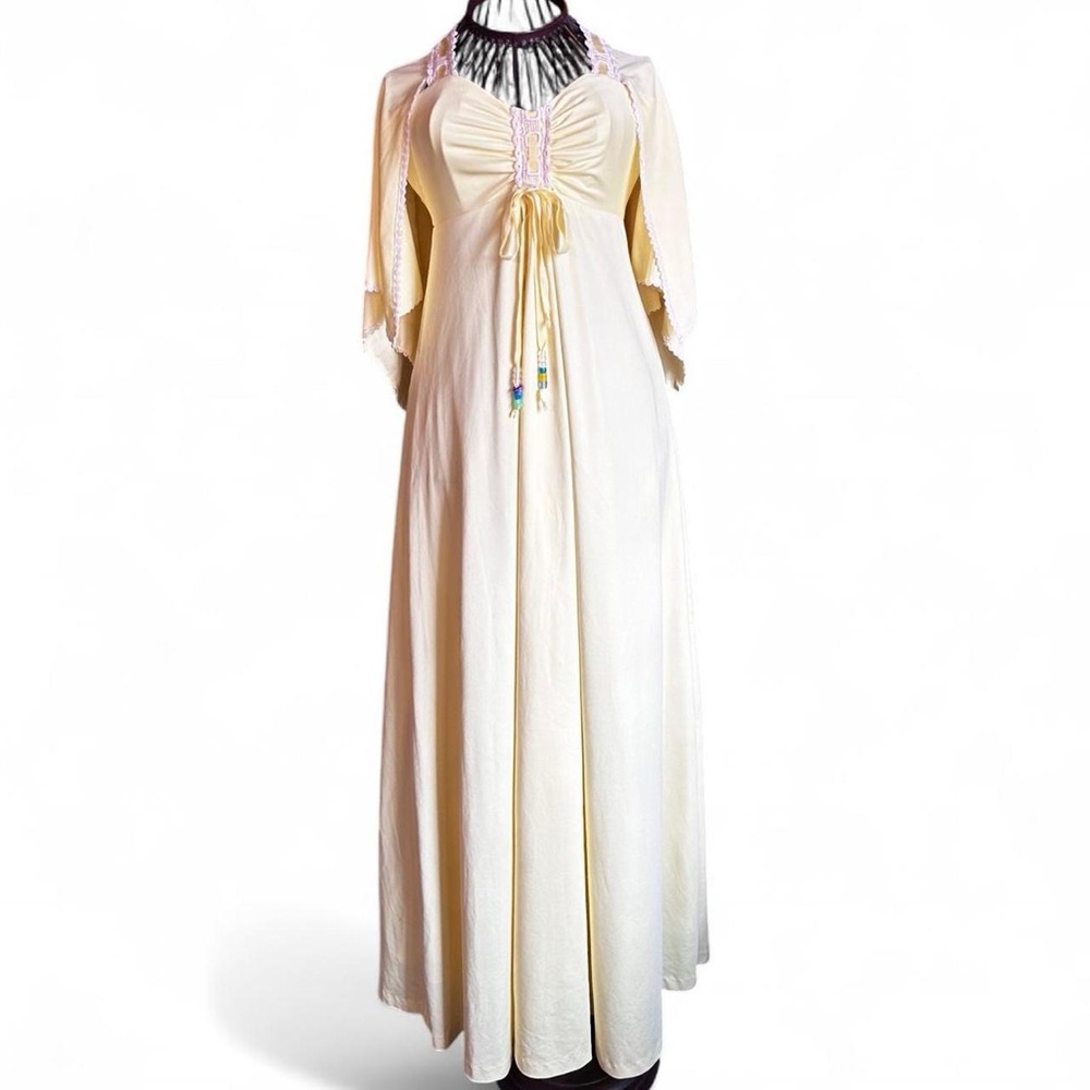 70s Butter Yellow Maxi Dress Whimsical Boho Cottagecore Womens XS